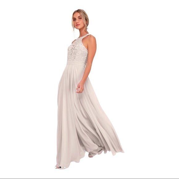 LULU'S Light Gray Picture Perfect Lace High Neck Maxi Dress Small Bridesmaid - Picture 5 of 10